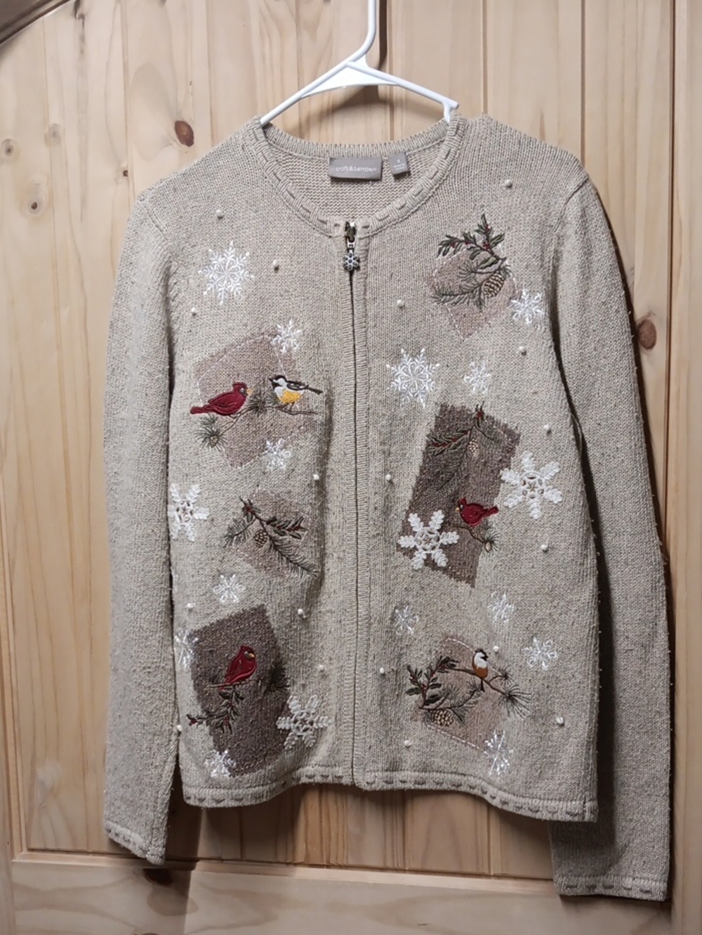 Croft & Barrow Embroidered Bird Zip-Front Women’s Sweater EUC